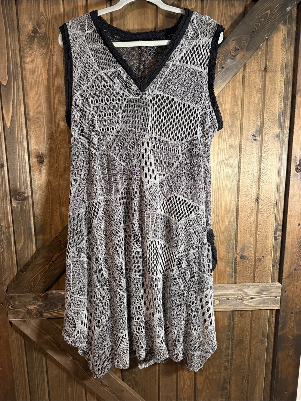 Lily Gray Crochet V-Neck Sleeveless Swim Cover-Up with Black Trim